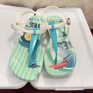 ISH Jelly Thong Sandals Womens Size 6 Mint Turquoise Retro Print Ankle Strap